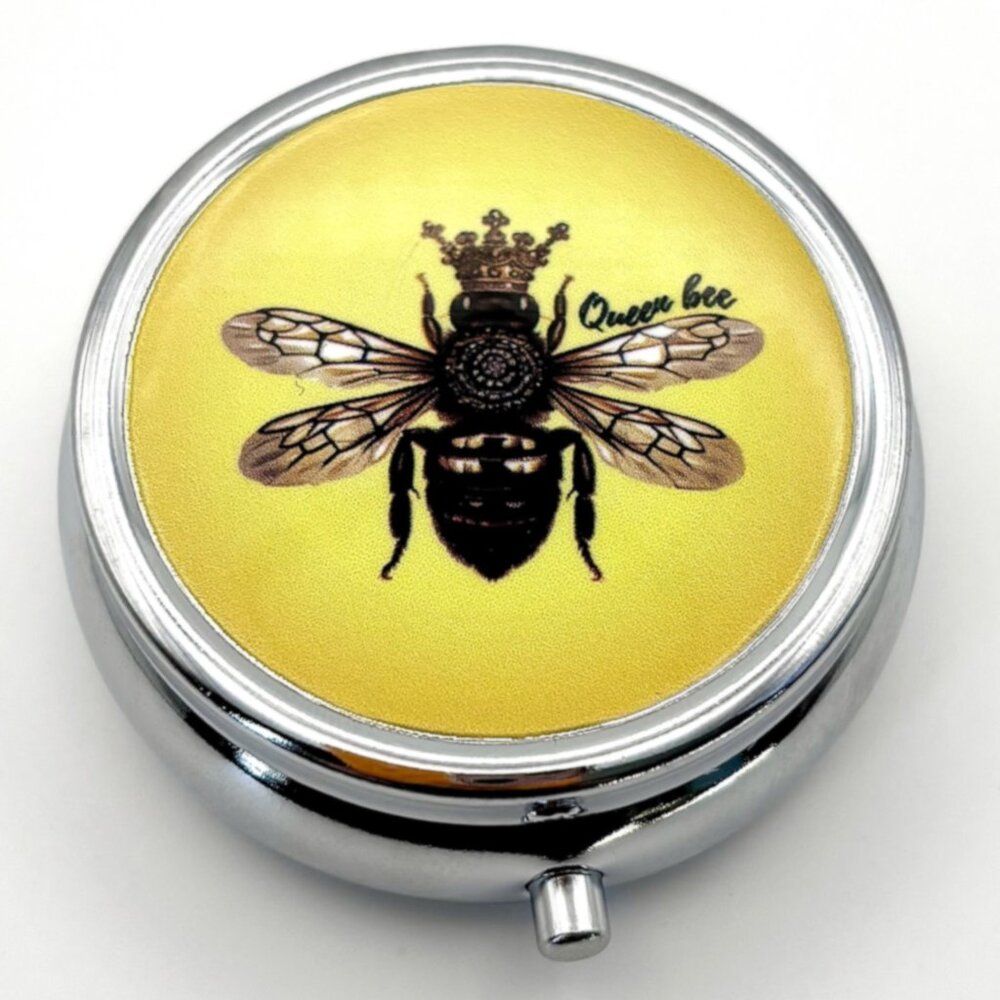 Vibrant Yellow Queen Bee Royal Crown Travel Container Decorative Purse Pill Box